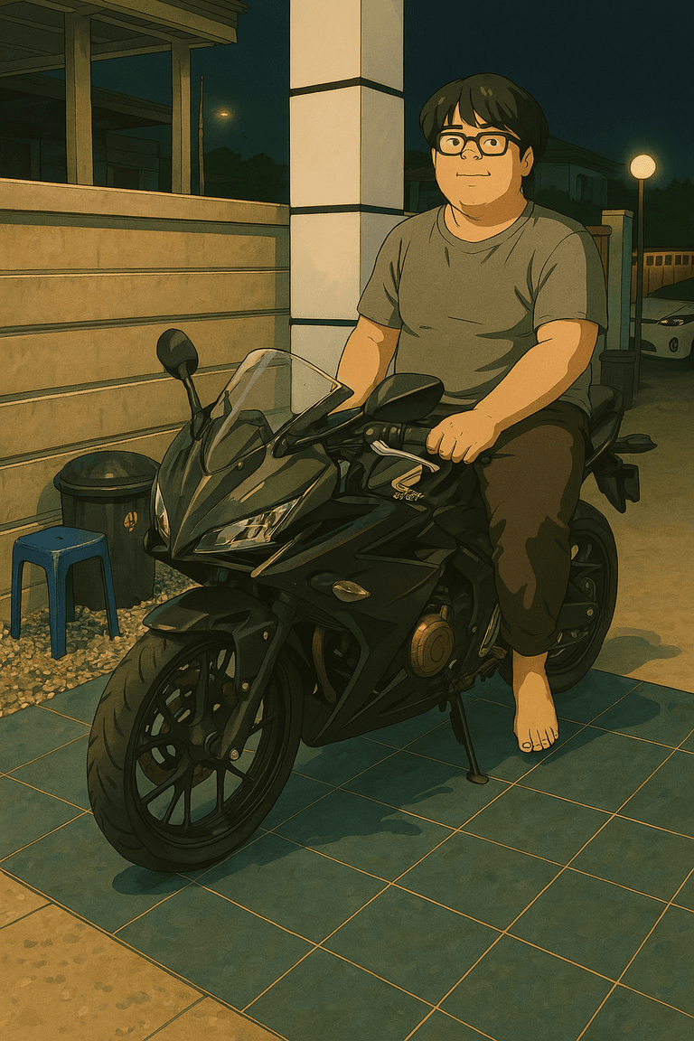 Jabzazad sitting on his motorcycle at night